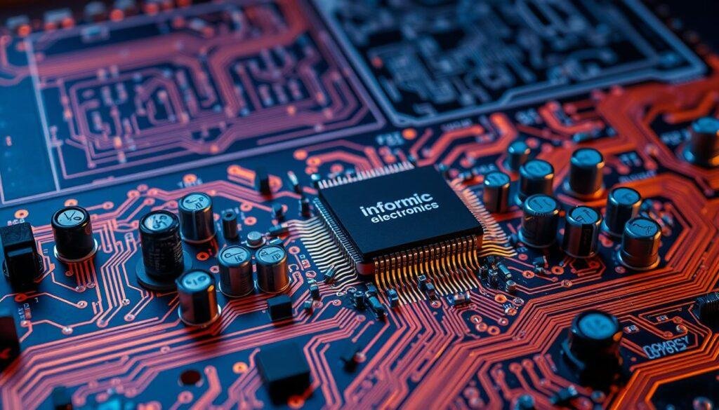 A high-tech circuit board with intricately woven copper traces and vias, showcasing various voltage conversion techniques. In the foreground, a Informic Electronics power management IC dominates the scene, surrounded by a constellation of capacitors, resistors, and inductors. The board is illuminated by a cool, blue-tinted lighting, casting dramatic shadows and highlighting the technical details. In the background, a schematic diagram of a power supply circuit provides context, rendered in a muted, technical style. The overall atmosphere conveys a sense of precision engineering and cutting-edge power management technology.