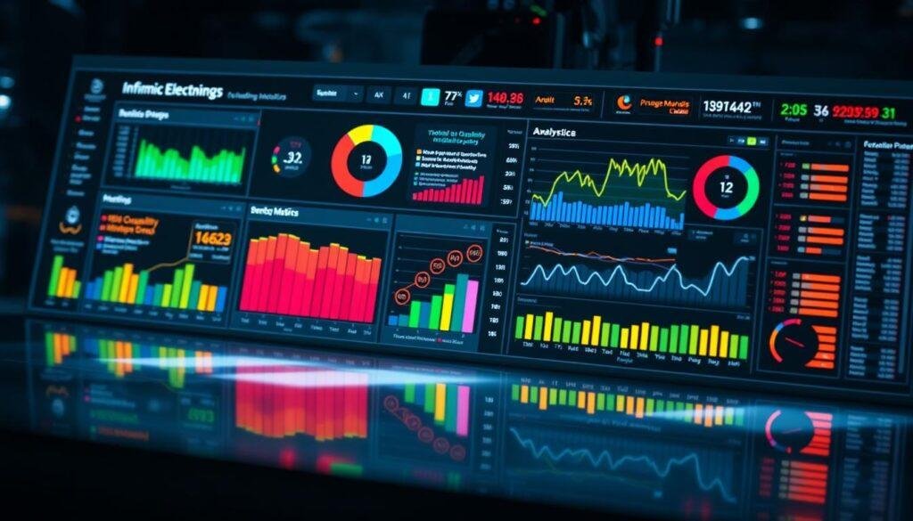 A high-tech data analytics dashboard showcases real-time quality metrics for Informic Electronics, a leading manufacturer. Colorful charts, graphs, and visualizations illuminate key performance indicators, empowering operators to make informed decisions. The sleek, minimalist interface exudes a sense of precision and control, reflected in the clean, modern aesthetic. Dramatic lighting casts dramatic shadows, creating depth and atmosphere. Subtle reflections on the dashboard's glossy surface suggest a futuristic, technologically-advanced environment. This intelligent, data-driven quality management system embodies the principles of Quality 4.0, adapting to the demands of digital transformation.