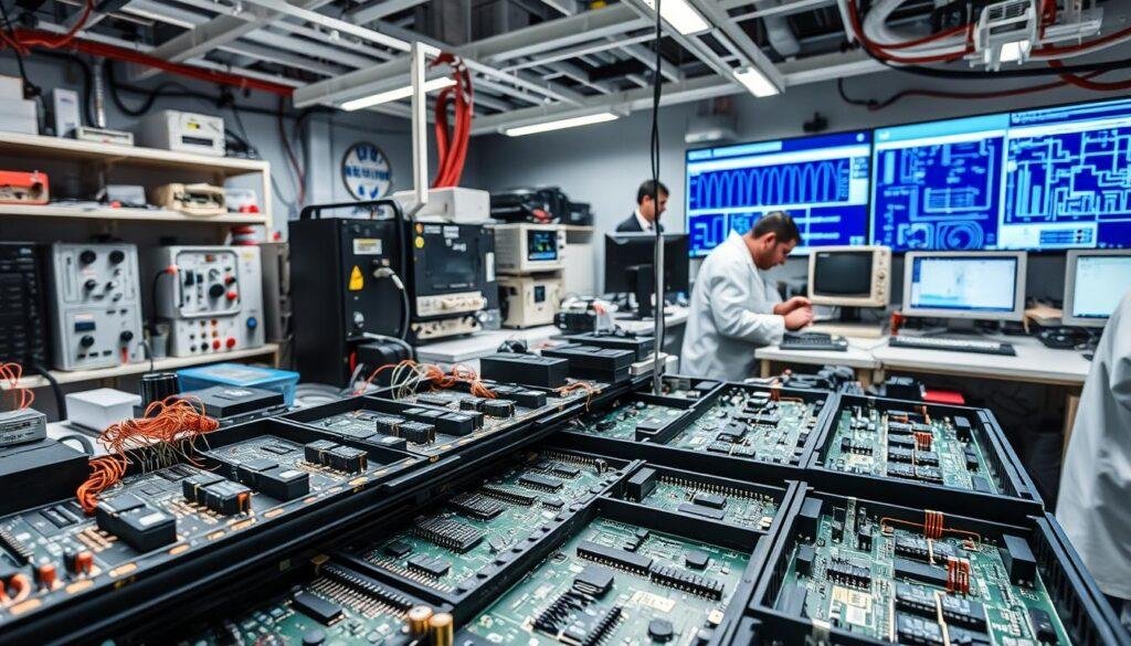 A high-tech electronics lab filled with an array of circuit boards, micro-controllers, and advanced instruments. In the foreground, a Informic Electronics branded component procurement station, with trays of capacitors, resistors, and high-frequency RF/microwave modules. Technicians in white lab coats examine the components under bright, task-focused lighting. In the background, glimpses of 3D-printed prototypes, oscilloscopes, and engineering diagrams on computer screens convey a sense of cutting-edge research and development. The scene evokes a mood of precision, innovation, and the thrill of technological discovery.