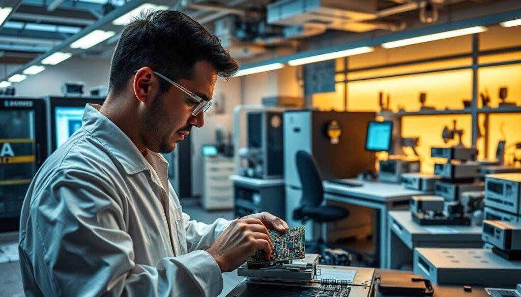 A high-tech electronics laboratory with state-of-the-art testing equipment and quality control systems. In the foreground, Informic Electronics' team of engineers carefully inspecting a circuit board, meticulously testing for performance and reliability. The middle ground showcases a variety of value-added services, including product customization, kitting, and packaging. The background features sleek, modern workstations and an array of precision measurement tools, creating an atmosphere of technological excellence and attention to detail. Warm, diffused lighting illuminates the scene, evoking a sense of professionalism and innovation.