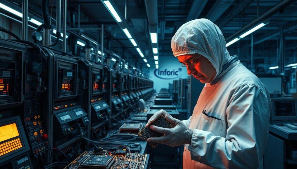 A high-tech factory floor, dimly lit by the glow of legacy computer chips. Rows of outdated equipment struggle to keep pace, their aging components prone to malfunctions. In the foreground, a technician in a clean room suit meticulously examines a circuit board, brow furrowed with concern. Informic Electronics' logo is emblazoned on the wall, a reminder of the challenges in this niche market. The atmosphere is tense, the air thick with the scent of solder and the weight of technological obsolescence. A visual representation of the difficulties in maintaining legacy chip production in the modern era.