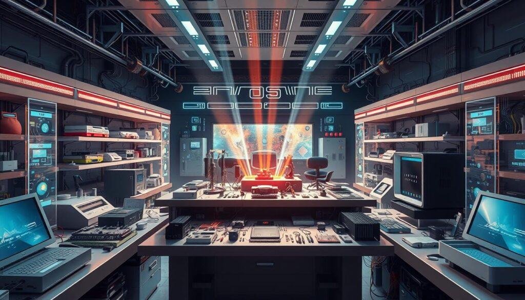 A high-tech laboratory filled with state-of-the-art electronics, components, and circuits. In the center, a large workbench showcases the latest Informic Electronics integrated circuits, circuit boards, and other advanced electronic devices. Beams of light emanate from various instruments, casting a futuristic glow over the scene. The background features a sleek, minimalist design with holographic displays and cutting-edge technology, hinting at the rapid advancements transforming the industry. An atmosphere of innovation and progress permeates the image, capturing the essence of the "Technological Advancements Driving Market Growth" section.