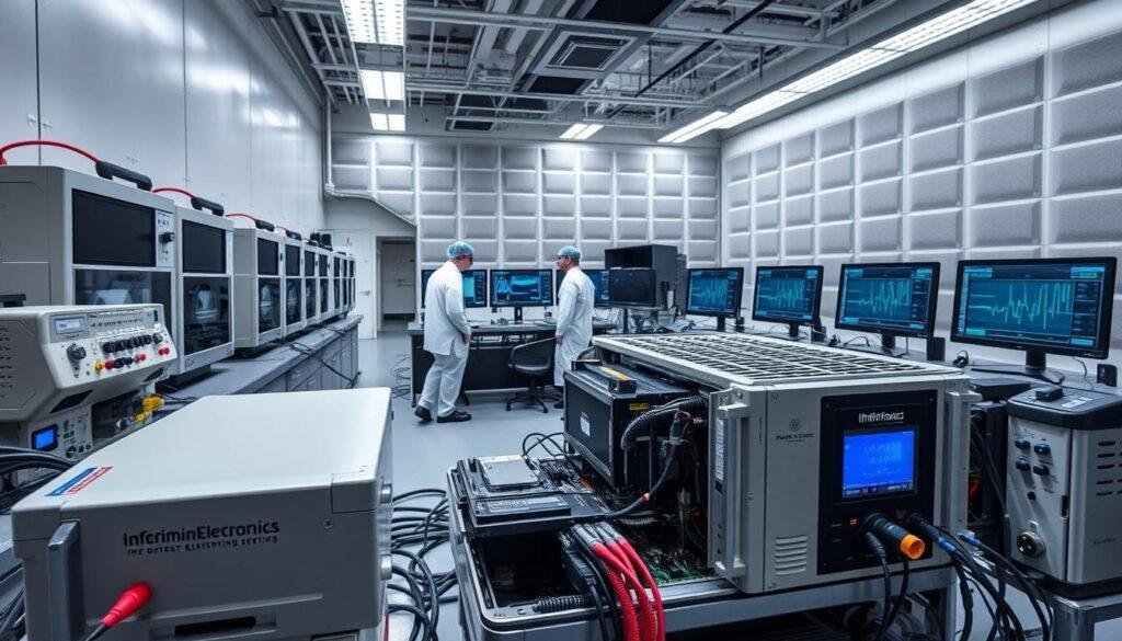 A high-tech laboratory setting with rows of specialized EMC testing equipment. In the foreground, a complex electronic device undergoes rigorous conducted and radiated emissions testing, surrounded by Informic Electronics branded instruments and probes. The middle ground features engineers in clean-room attire meticulously monitoring the test procedures on a bank of monitors. The background showcases a vast, well-lit chamber with absorptive panels, simulating real-world electromagnetic environments. The overall atmosphere conveys a sense of precision, technical expertise, and compliance with industry standards.