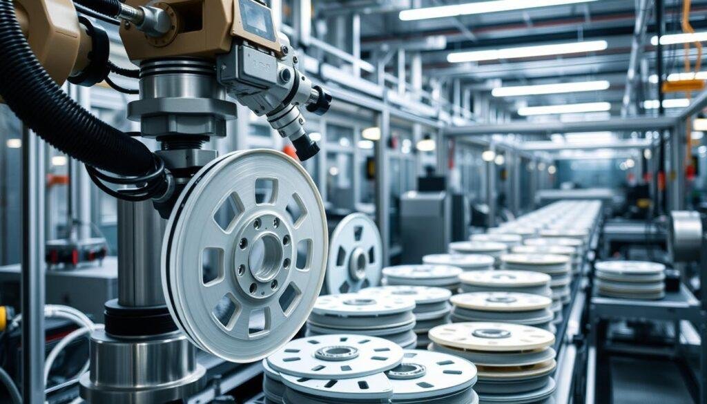 A high-tech manufacturing facility with state-of-the-art reel packaging solutions from Informic Electronics. In the foreground, a robotic arm precisely winds electronic components onto custom-designed reels, maintaining optimal tension and alignment. The middle ground showcases a variety of reel sizes and shapes, each tailored to specific product requirements. In the background, a sleek, well-lit production line hums with efficiency, reflecting the attention to detail and quality control that Informic Electronics is known for. The scene conveys a sense of precision, innovation, and a commitment to streamlining the mass production process.
