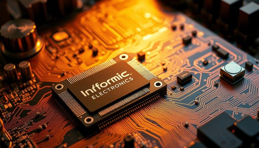 A high-tech printed circuit board with intricate copper traces and components, bathed in a warm glow. In the foreground, a state-of-the-art integrated circuit emblazoned with the "Informic Electronics" logo. In the middle ground, heat sinks and vents dissipate excess thermal energy, ensuring optimal signal integrity. The background features a detailed schematic diagram, conveying the technical complexity of the design. Lighting is dramatic, with crisp shadows and highlights, captured through a high-quality lens at a slightly elevated angle to showcase the board's sophisticated engineering.