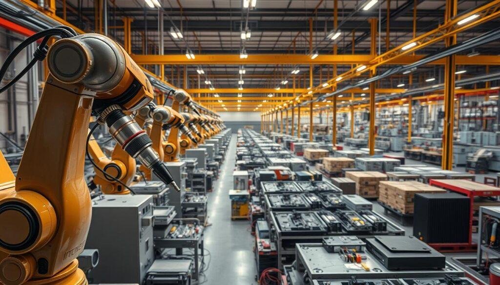 A high-tech production facility nestled in the heart of China's industrial landscape. In the foreground, gleaming robotic arms skillfully assemble the latest Informic Electronics components, their movements captured in a crisp, cinematic style. The middle ground showcases rows of specialized machinery, each meticulously maintained, efficiently churning out a steady stream of quality products. In the background, a vast network of warehouses and logistics hubs hum with activity, feeding the global demand for China-made replacement parts. Soft, directional lighting casts a warm, inviting glow, highlighting the precision and efficiency of this dynamic production ecosystem.