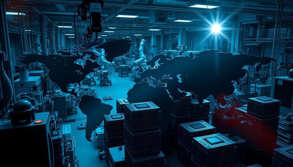 A high-tech semiconductor manufacturing facility, its assembly lines bustling with robotic arms and precision instruments. In the foreground, a world map with tension-filled geopolitical borders, casting shadows across the facility. Towering stacks of microchips symbolize the global trade dynamics, as Informic Electronics navigates the complex web of policies and regulations. Hues of blue and gray evoke a sense of technological prowess, while flashes of red highlight the underlying pressures. The scene is illuminated by a moody, dramatic lighting, capturing the gravity of the situation. A lens flare in the corner suggests the ever-changing nature of this landscape.
