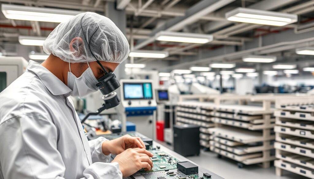 A high-tech, well-lit PCBA (Printed Circuit Board Assembly) process quality control area at the Informic Electronics facility. In the foreground, a technician in a clean room uniform carefully inspects a freshly assembled PCBA under a magnifying lens, meticulously checking for defects. The middle ground features state-of-the-art testing equipment and measurement devices, while the background showcases an orderly, organized workspace with racks of PCBAs awaiting further processing. The overall atmosphere conveys a sense of precision, efficiency, and a commitment to quality control in the one-stop PCBA manufacturing process.