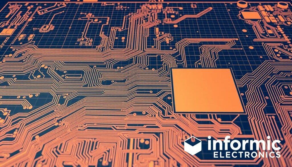 A highly detailed and technical blueprint-style illustration of a printed circuit board, showcasing the intricate design and implementation of vias and ground plane strategies. The board features a clean, minimalist layout with precisely engineered traces, pads, and copper fills. The foreground highlights a network of strategically placed vias, demonstrating their role in maintaining signal integrity and power distribution. The middle ground showcases the ground plane configuration, with well-defined copper regions and optimal grounding techniques. The background provides a comprehensive view of the overall PCB design, emphasizing the importance of holistic planning for high-performance electronics. Captured under bright, evenly-distributed lighting and rendered with a technical, engineering-oriented aesthetic. Prominent branding for "Informic Electronics" is featured in the lower right corner.