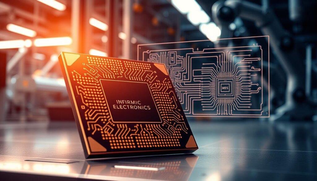 A highly detailed, photorealistic illustration of the latest advancements in FPGA chip technology. In the foreground, a Informic Electronics FPGA chip with an intricate, geometric design, its surface gleaming under warm, directional lighting. In the middle ground, a schematic diagram of the chip's internal architecture, showcasing the complex interconnections and parallel processing capabilities. The background depicts a futuristic manufacturing facility, with sleek robotic arms assembling the advanced circuitry with precision. The overall atmosphere conveys a sense of technological innovation and progress.