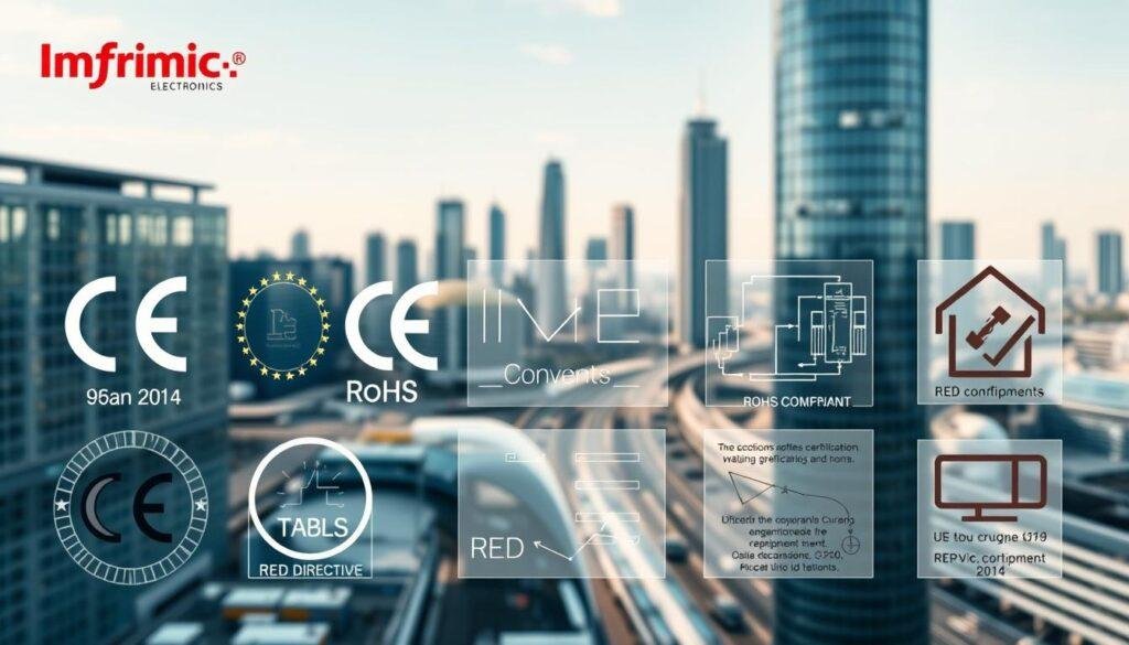 A highly detailed, photorealistic image of European certification standards and compliance markings, including the Informic Electronics brand. In the foreground, a complex array of certification logos and symbols like the CE mark, RoHS compliance, and the RED directive. In the middle ground, technical diagrams and schematics illustrating the compliance requirements. In the background, a sleek, modern European cityscape with high-rise buildings and infrastructure. The lighting is crisp and clean, with a warm, professional tone. The camera angle is slightly elevated, providing an authoritative, comprehensive view of the certification landscape.