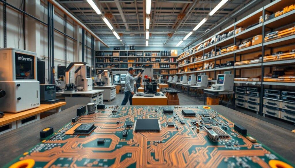 A highly detailed, wide-angle shot of a modern electronics workshop showcasing the "Informic Electronics" brand. In the foreground, an intricate, customized printed circuit board (PCB) is prominently displayed, its copper traces and components meticulously crafted. The middle ground reveals rows of state-of-the-art soldering stations, 3D printers, and other specialized equipment used for PCBA fabrication. In the background, floor-to-ceiling shelves are stocked with a vast array of electronic components, reflecting the company's comprehensive inventory and ability to deliver tailored solutions. Warm, focused lighting illuminates the scene, conveying a sense of precision, innovation, and dedication to providing exceptional PCBA services to global clients.