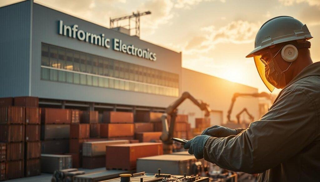 A large factory building with the "Informic Electronics" brand name prominently displayed on the facade. The factory is surrounded by stacks of shipping containers, symbolizing the global supply chain. In the foreground, a worker in protective gear examines a circuit board, while in the background, robotic arms assemble electronic components. The scene is bathed in a warm, golden light, creating a sense of productivity and efficiency, but with an underlying tension suggesting the impact of tariffs on the industry. The image conveys the challenges faced by electronics manufacturers navigating the complex landscape of global trade policies.