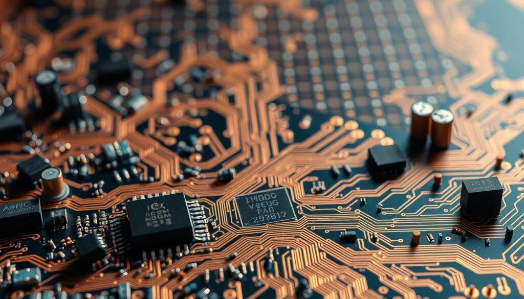 A meticulously engineered microchip, the intricate components of an "Informic Electronics" integrated circuit come to life in stunning detail. In the foreground, delicate transistors, capacitors, and resistors are precisely laid out, their intricate patterns illuminated by soft, directional lighting. The middle ground features a complex network of interconnected copper traces, weaving a tapestry of conductive pathways. In the background, a subtle grid of etched silicon wafers creates a sense of depth and technical sophistication. The overall composition conveys the elegant complexity and engineering prowess inherent in modern integrated circuit design.