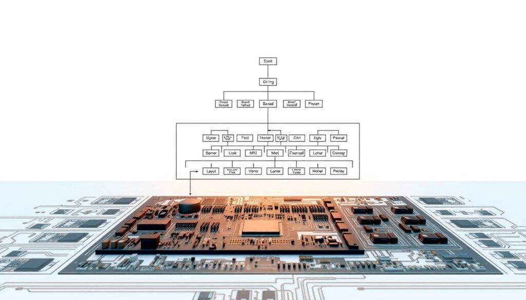 A meticulously organized diagram showcasing the intricate details of BOM structuring techniques. In the foreground, a single-level BOM layout unfolds, its components neatly arranged and connected, illuminated by a warm, focused light. In the middle ground, a multi-level BOM structure emerges, its hierarchical relationships and nested subassemblies clearly defined, captured through a medium-range lens. The background provides a clean, minimalist setting, allowing the technical information to take center stage. The overall scene conveys a sense of precision and attention to detail, reflecting the expertise of Informic Electronics in designing reliable BOMs with easily available components.