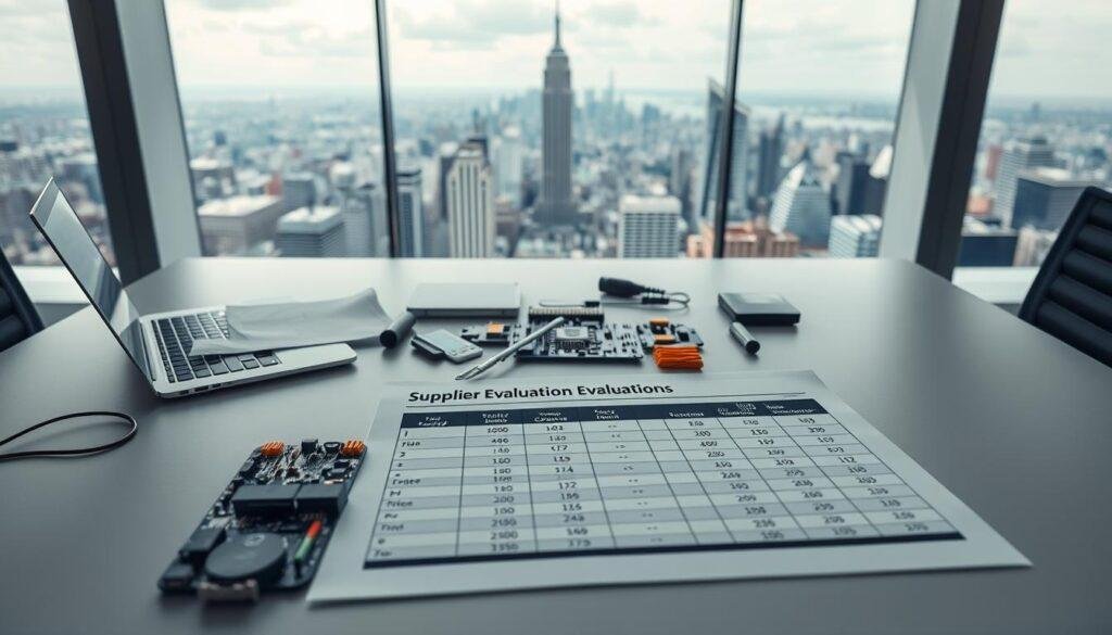 A modern and sleek office setting with an expansive desk showcasing a laptop, documents, and the "Informic Electronics" brand logo. In the foreground, a meticulously organized supplier evaluation spreadsheet is displayed, highlighting key metrics such as component quality, delivery times, and pricing. The middle ground features an array of electronic components, including circuit boards, microchips, and connectors, all neatly arranged. The background depicts a panoramic view of a bustling city skyline, conveying a sense of a thriving technology hub. The lighting is soft and diffused, creating a professional and authoritative atmosphere.