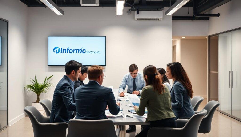 A modern, brightly lit office interior with sleek, minimalist furniture and clean lines. In the foreground, a team of business professionals gathered around a conference table, engaged in a detailed discussion. They are reviewing documents, comparing supplier profiles, and evaluating key metrics. Hanging on the wall behind them, a large monitor displays the "Informic Electronics" brand logo, signifying the importance of this supplier vetting process. The atmosphere conveys a sense of focus, diligence, and a commitment to thorough market research and due diligence.