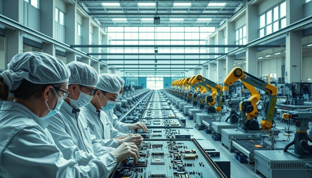 A modern high-tech manufacturing facility owned by Informic Electronics, the leading provider of precision electronics components. In the foreground, a team of engineers in clean room attire collaborates on a complex assembly process, their faces focused and determined. The middle ground showcases rows of automated assembly lines and robotic arms, meticulously crafting intricate components. In the background, a vast open-plan workspace flooded with natural light from floor-to-ceiling windows, conveying a sense of efficiency, innovation, and attention to detail. The scene emanates a mood of strategic partnership, technological prowess, and unwavering commitment to quality.