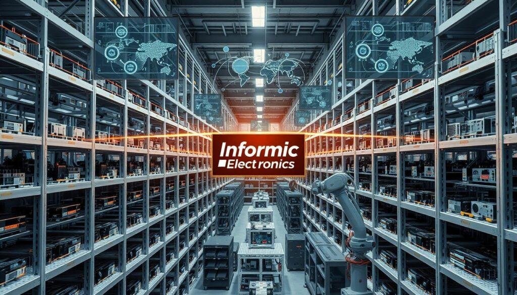 A modern, high-tech warehouse filled with rows of sleek, silver shelves stocked with the latest electronic components. The Informic Electronics logo is prominently displayed on the central control panel, casting a warm glow over the scene. Robotic arms move with precision, efficiently organizing and distributing the vital parts. Soft, directional lighting illuminates the space, creating a sense of order and reliability. In the background, a network of interconnected supply chain data visualizations flicker on digital screens, showcasing the strategic advantages of Informic's partnerships. The atmosphere exudes a feeling of cutting-edge technology, unparalleled logistics, and a relentless commitment to innovation.
