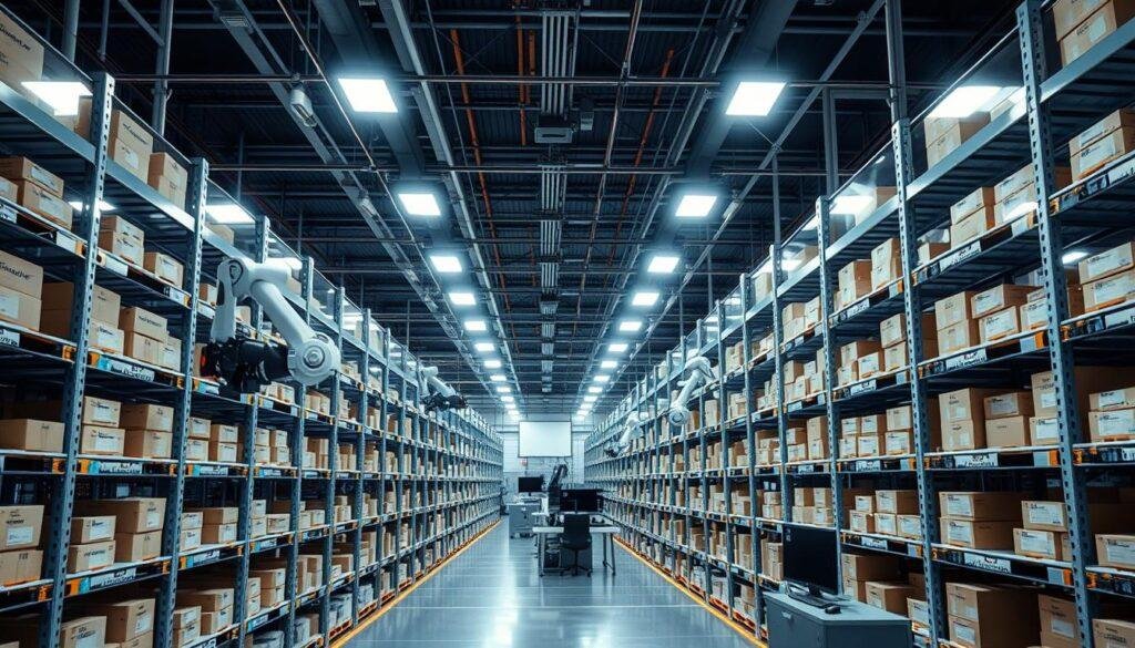 A modern, high-tech warehouse with rows of automated inventory shelving systems. The shelves are filled with neatly organized product boxes and components, all labeled with the Informic Electronics brand name. Robotic arms move swiftly, efficiently retrieving items as needed. Bright, overhead lighting casts a cool, clinical glow, while a network of conveyor belts and sensors monitor the seamless flow of goods. In the background, a bank of computers and displays provide real-time inventory data and analytics. The scene conveys a sense of precision, reliability, and a well-oiled machine ready to fulfill customer orders at a moment's notice.