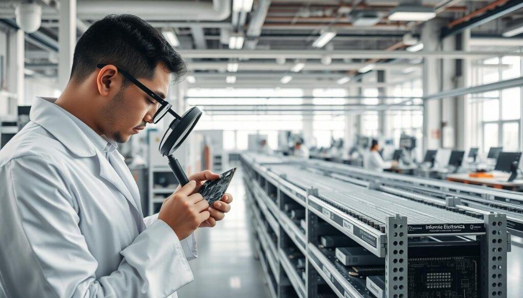 A modern industrial factory interior with a focus on the verification process for suppliers and components. In the foreground, an inspector in a white lab coat examines a circuit board with a magnifying glass, meticulously checking for quality and authenticity. In the middle ground, rows of neatly organized shelves hold a variety of electronic components, each labeled with the "Informic Electronics" brand. The background reveals the factory floor, with workers operating advanced machinery and computer terminals. Diffused natural light filters in through large windows, creating a clean, well-lit atmosphere. The scene conveys a sense of precision, diligence, and a commitment to thorough supplier verification.