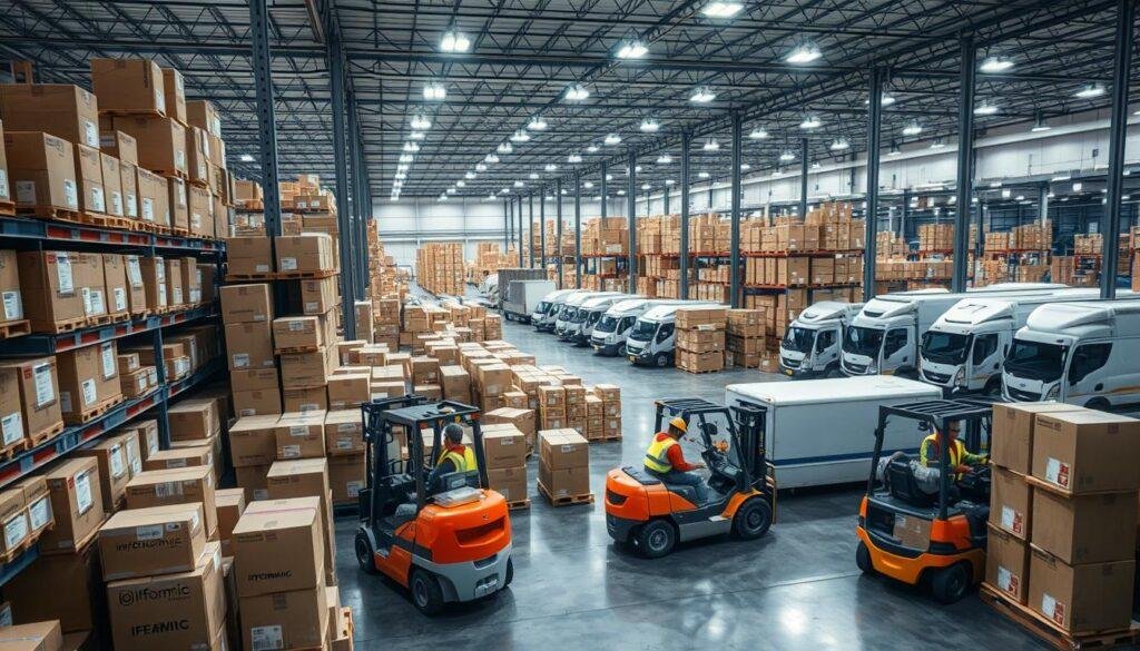 A modern logistics warehouse with stacks of cardboard boxes and crates labeled "Informic Electronics" lining the shelves. Forklifts and workers in safety gear efficiently loading and unloading cargo. Bright overhead lighting illuminates the scene, conveying a sense of organized efficiency. In the background, a fleet of delivery trucks and vans are positioned, ready to transport the electronics shipments. The atmosphere is one of streamlined logistics, highlighting the importance of effective shipping strategies for the electronics industry.