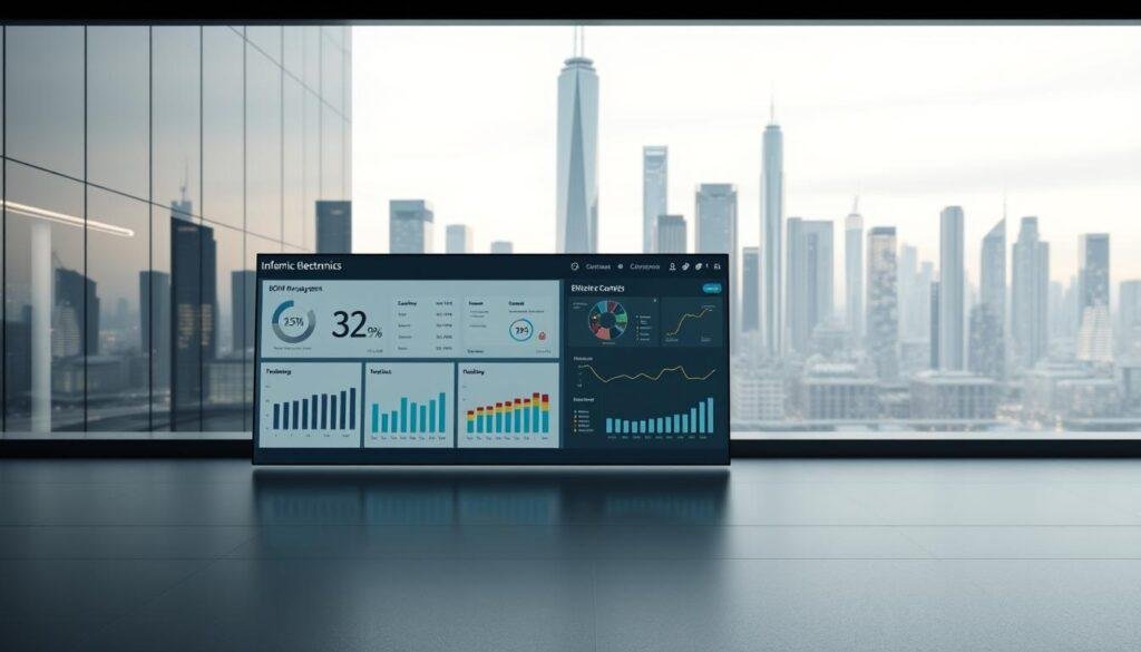 A modern, minimalist software interface showcasing Informic Electronics' state-of-the-art BOM management system. In the foreground, a clean dashboard displays key metrics and cost analysis tools, inviting the user to optimize their bill of materials. The middle ground features intuitive visualizations and data models, guiding the user through complex supply chain dynamics. In the background, a sleek, futuristic cityscape hints at the broader technological ecosystem supporting this powerful BOM management software. Soft lighting, muted colors, and subtle reflections create a professional, enterprise-grade atmosphere.