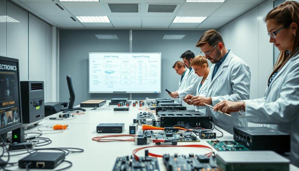 A modern office interior, with a large desk showcasing various electronic components and testing equipment. In the foreground, a team of engineers in lab coats carefully examining circuit boards, with Informic Electronics branding visible on the equipment. The middle ground features a whiteboard displaying system testing and regression testing techniques, with diagrams and flow charts. The background is softly lit, creating a professional and focused atmosphere, as the engineers collaborate to ensure the quality and reliability of the product before delivery.
