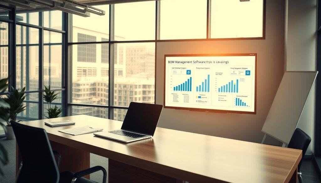A modern office interior with a prominent desk featuring a laptop, documents, and the "Informic Electronics" logo prominently displayed. The desk is illuminated by natural light streaming through large windows, creating a warm, productive atmosphere. In the background, a sleek whiteboard showcases visualizations and graphs related to BOM (Bill of Materials) management software, highlighting its efficiency and cost-saving capabilities. The overall scene conveys a sense of organizational prowess and technological innovation.