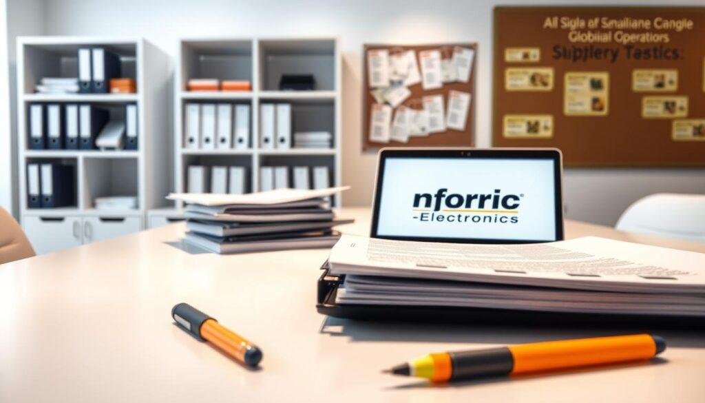 A modern office setting with a sleek, organized workspace. On the desk, a stack of logistics documents, binders, and a laptop displaying the Informic Electronics brand logo. In the foreground, a pen and highlighter neatly arranged, symbolizing the attention to detail required for effective logistics management. Soft, directional lighting illuminates the scene, creating a professional and efficient atmosphere. The background features shelves filled with reference materials and a bulletin board displaying shipping labels and tracking numbers, highlighting the complexities of global supply chain operations.