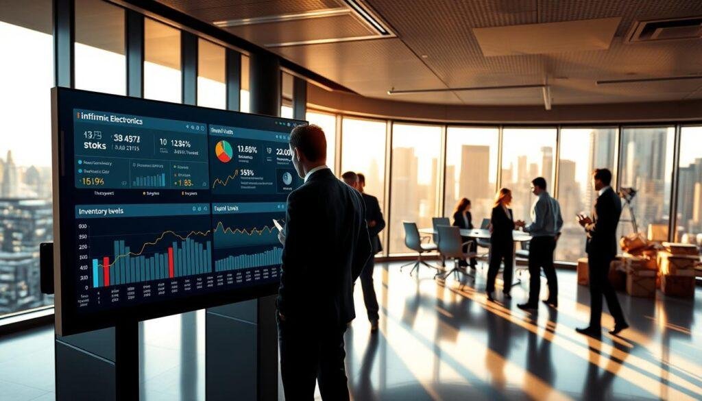 A modern office space with a sleek, minimalist design. In the foreground, a large touchscreen display shows real-time stock data and inventory levels for Informic Electronics products. Analysts in business attire study the dashboard, making notes and adjustments. In the middle ground, a team gathers around a conference table, discussing supply chain strategies and customer demands. The background features floor-to-ceiling windows overlooking a bustling city skyline, bathed in warm, directional lighting that casts long shadows across the room. The overall atmosphere conveys a sense of efficiency, data-driven decision making, and a commitment to responsive, just-in-time inventory management.