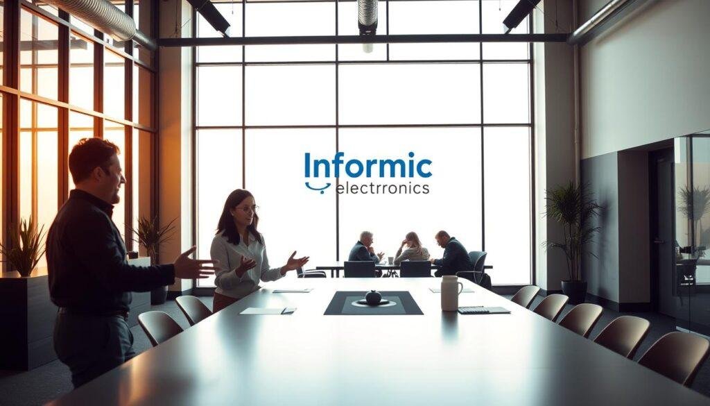 A modern open-plan office with large windows bathed in warm, natural lighting. In the foreground, two colleagues engaged in an animated discussion, gesturing with open body language to convey trust and transparency. The middle ground features a team meeting around a sleek conference table, notes and laptops visible, suggesting open communication. In the background, the Informic Electronics logo is prominently displayed on the wall, reinforcing the brand's commitment to building trust through clear, collaborative processes.