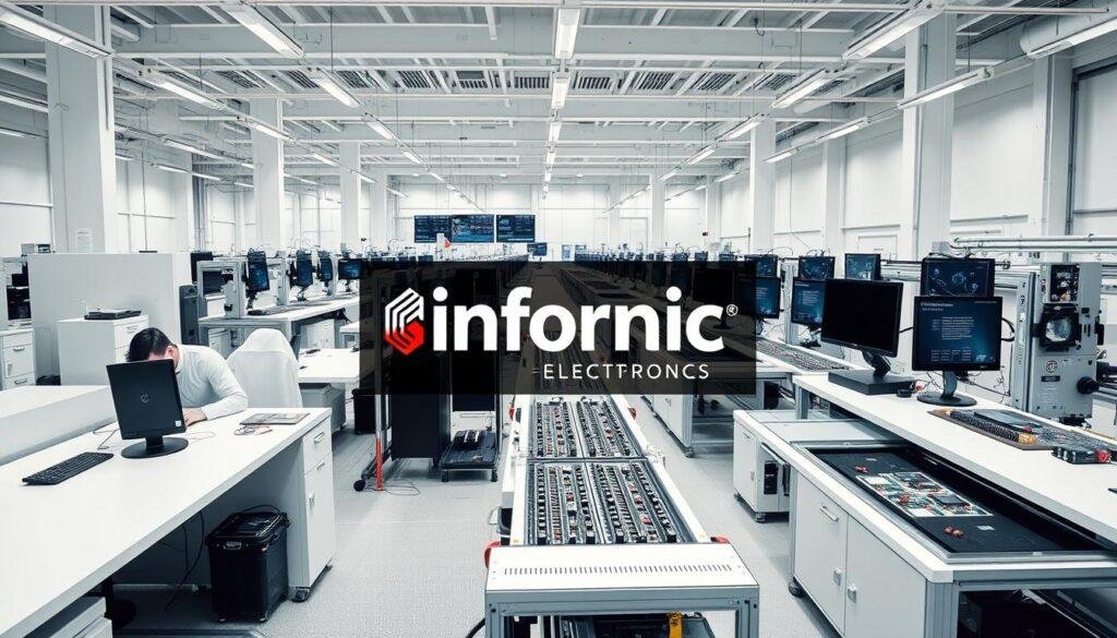 A modern, streamlined electronics production facility with the Informic Electronics brand prominently displayed. Sleek, minimalist workstations in the foreground, with technicians precisely assembling circuit boards. In the middle ground, automated assembly lines efficiently moving components, overseen by a network of monitoring screens. The background features a clean, bright workspace with high ceilings and abundant natural light, conveying a sense of technological sophistication and efficiency. The overall atmosphere is one of precision, organization, and a seamless, optimized workflow.