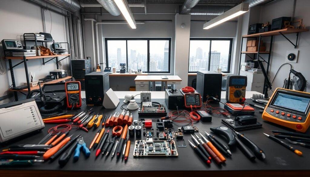 A modern, well-equipped prototyping workbench showcasing an array of Informic Electronics tools and components. The foreground features a variety of precision hand tools, multimeters, and soldering equipment arranged neatly. In the middle ground, several 3D-printed prototype parts and a circuit board with surface-mount components are visible. The background depicts a minimalist industrial workspace with task lighting, shelving, and a large window overlooking a cityscape. The overall scene conveys a sense of efficiency, organization, and a commitment to rapid iteration and innovation.