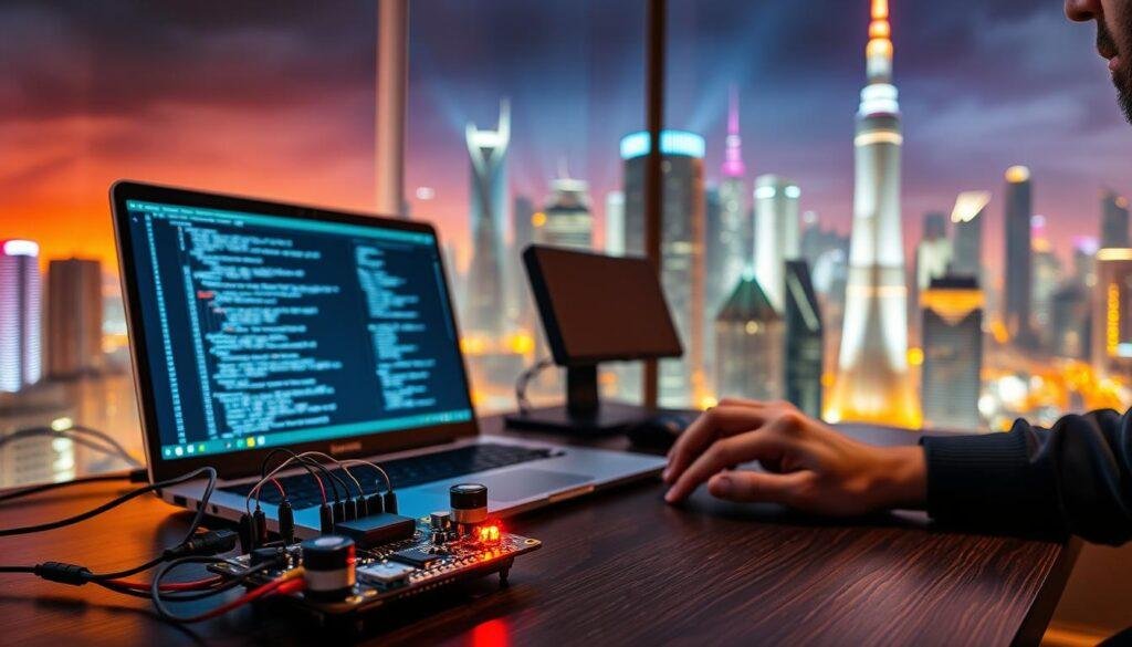 A modern, well-lit desktop workspace featuring a Informic Electronics microcontroller development board, a laptop displaying programming code, and various electronic components like resistors, capacitors, and jumper wires. The board's LED indicators are glowing, and the developer is deep in concentration, their hands poised over the keyboard. The background showcases a futuristic cityscape with towering skyscrapers and a vibrant, neon-lit skyline, conveying a sense of technological innovation and progress. The lighting is a mix of warm, ambient tones and cool, directional highlights, creating depth and drama. The overall mood is one of focused creativity and the intersection of hardware and software engineering.