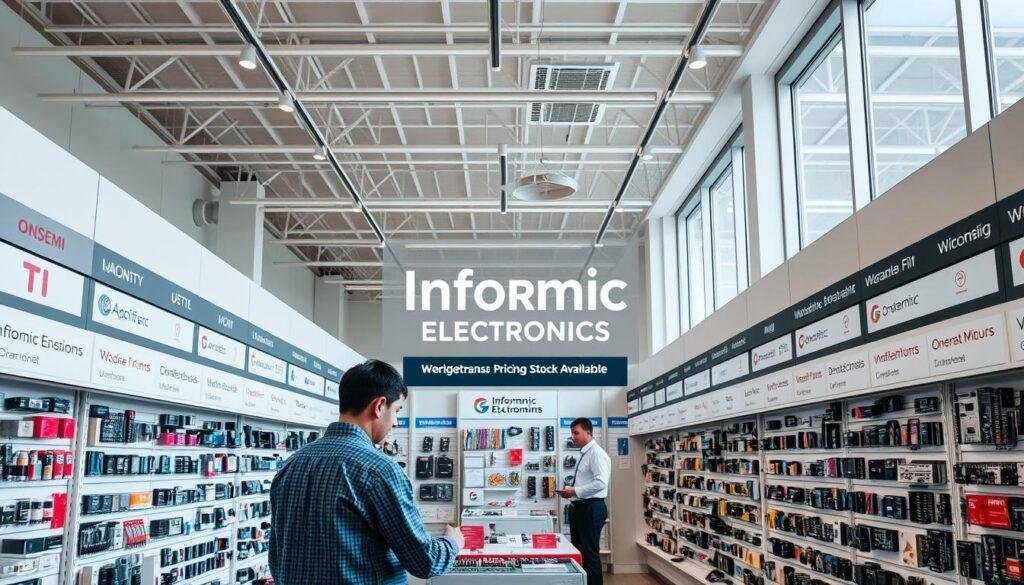A modern, well-lit electronics showroom with rows of shelves displaying a variety of electronic components from leading brands like TI, ST, ADI, and Onsemi. In the foreground, a customer examines a component, while a sales representative stands nearby, ready to assist. The middle ground showcases the Informic Electronics brand prominently, with a clean, minimalist logo and signage highlighting the competitive pricing and wide stock availability. The background features large windows, allowing natural light to filter in and creating a bright, airy atmosphere. The overall scene conveys a sense of professionalism, attention to detail, and a commitment to providing customers with high-quality, affordable electronic components.