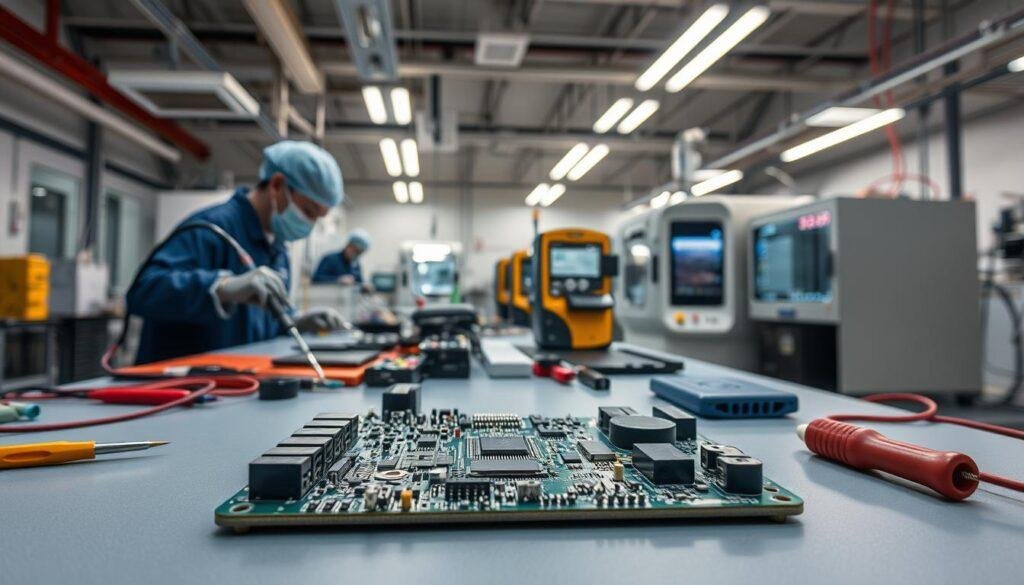 A modern, well-lit electronics workshop showcasing Informic Electronics' cost-effective PCBA process. The foreground features a partially assembled circuit board, components neatly arranged, and precision tools like soldering irons, tweezers, and multimeters. The middle ground depicts technicians in protective gear carefully inspecting and testing the board. In the background, state-of-the-art assembly equipment like pick-and-place machines and reflow ovens operate efficiently, reflecting Informic's commitment to speed and quality. The scene conveys a sense of professionalism, attention to detail, and technological prowess that exemplifies Informic's competitive advantages in prototyping and assembly.