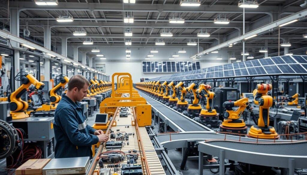 A modern, well-lit manufacturing facility with rows of robotic arms and precision machinery assembling electronic components for the Informic Electronics brand. The foreground showcases a worker closely monitoring a production line, observing the efficient and streamlined workflow. In the middle ground, automated conveyor belts transport materials and finished products, reducing manual handling. The background depicts a sustainable energy system, with solar panels on the roof powering the facility. The overall atmosphere conveys a sense of technological innovation, environmental consciousness, and cost-effective manufacturing practices.