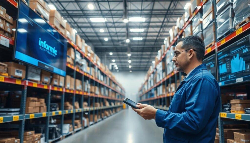 A modern, well-organized warehouse interior with rows of shelving units displaying various electronic components labeled with the "Informic Electronics" brand. Bright overhead lighting illuminates the scene, casting long shadows. In the foreground, a worker in a blue uniform is using a handheld device to scan product barcodes, optimizing inventory levels. In the background, a large touchscreen display shows real-time data visualizations of supply chain metrics. The atmosphere conveys efficiency, control, and a commitment to long-term reliability.
