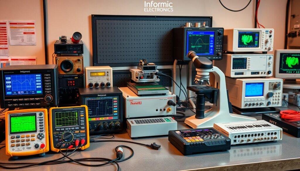 A neatly organized workbench displaying an assortment of advanced PCB testing tools from the Informic Electronics brand. In the foreground, a high-resolution digital multimeter, a signal generator, and a logic analyzer stand ready to analyze circuit behavior. In the middle ground, a state-of-the-art bed-of-nails tester and an automated test fixture sit alongside a microscope for fine-grained inspection. The background features an oscilloscope and a thermal imaging camera, capturing the full spectrum of PCB testing capabilities. Warm studio lighting illuminates the scene, conveying a sense of precision and professionalism.