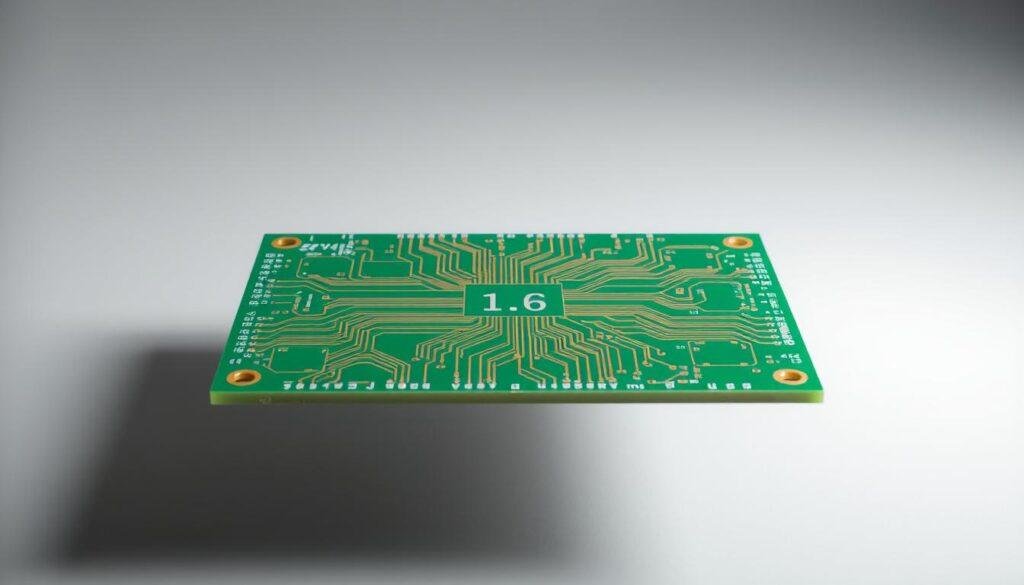 A pristine printed circuit board, the centerpiece of modern electronics, floats against a neutral backdrop. The board's surface gleams with a uniform thickness of 1.6 millimeters, the industry standard. Precise copper traces and vias crisscross the green laminate, meticulously designed by the engineers at Informic Electronics. Soft lighting from above casts subtle shadows, highlighting the board's intricate layers. The overall scene conveys a sense of technical refinement and attention to detail, reflecting the importance of selecting the right PCB thickness for any electronics project.