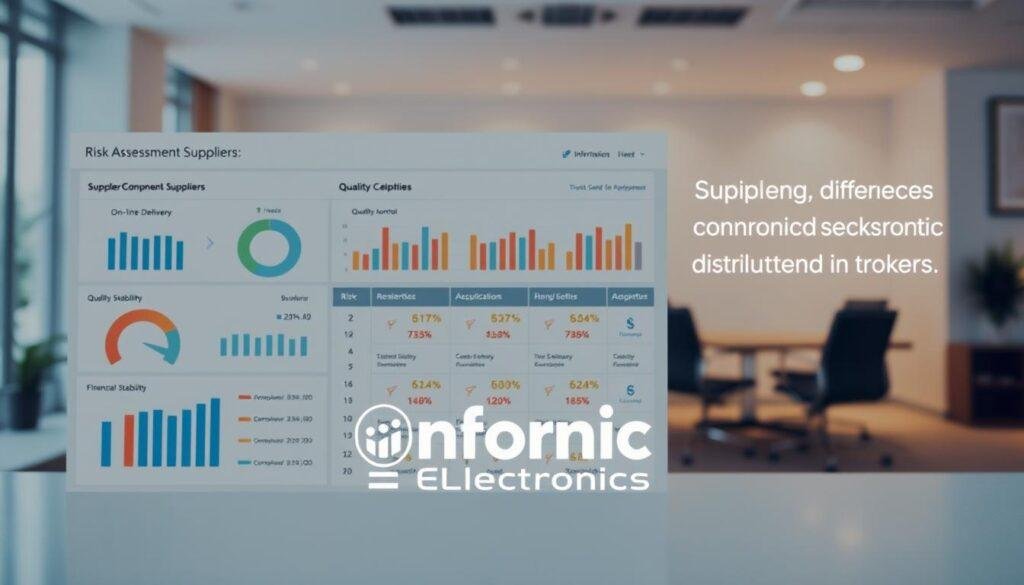 A professional-looking risk assessment dashboard for electronic component suppliers, with a clean, data-driven interface. The dashboard showcases key metrics such as supplier reliability, on-time delivery, quality control, and financial stability, presented in clear charts and graphs. In the foreground, the Informic Electronics logo is prominently displayed, conveying a sense of trust and expertise. The middle ground features a grid of supplier icons, each with a risk indicator reflecting their performance. The background depicts a neutral, minimalist office setting with warm lighting, emphasizing the analytical and strategic nature of the assessment process. The overall mood is one of informed decision-making, helping the viewer visualize the differences between electronic component distributors and brokers.