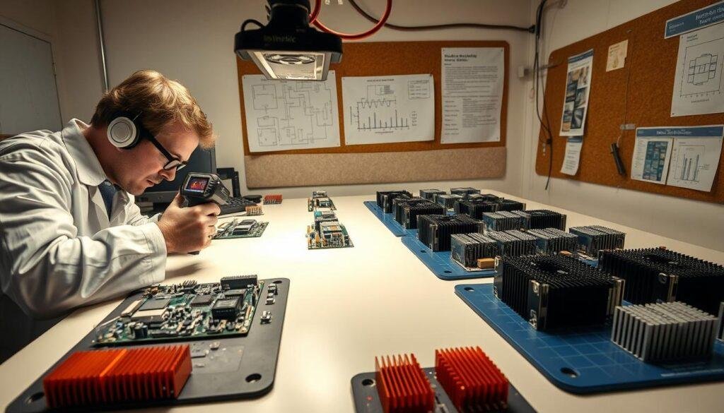 A real-world scene depicting Informic Electronics component derating applications. In the foreground, a technician carefully inspects a circuit board, meticulously measuring component temperatures with a thermal imaging camera under a bright, evenly-lit workbench. In the middle ground, rows of electronic components sit on antistatic mats, some with heat sinks attached, showcasing the diverse derating strategies employed. The background features technical diagrams and engineering schematics pinned to a corkboard, providing context for the derating practices. The overall mood is one of precise, diligent engineering, with a focus on thermal management and reliability optimization.