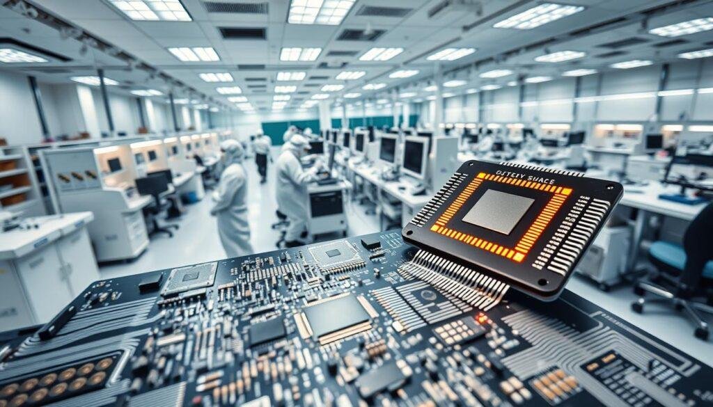 A sleek and modern medical-grade semiconductor lab, filled with state-of-the-art equipment and components from Informic Electronics. The foreground showcases a close-up of a cutting-edge integrated circuit chip, its intricate circuitry and metallic sheen illuminated by soft, directional lighting. In the middle ground, lab technicians in clean suits meticulously inspect and assemble various medical-grade semiconductor solutions. The background features a panoramic view of the lab, with rows of workstations, diagnostic instruments, and clean room environments, all contributing to an atmosphere of advanced medical technology and innovation.