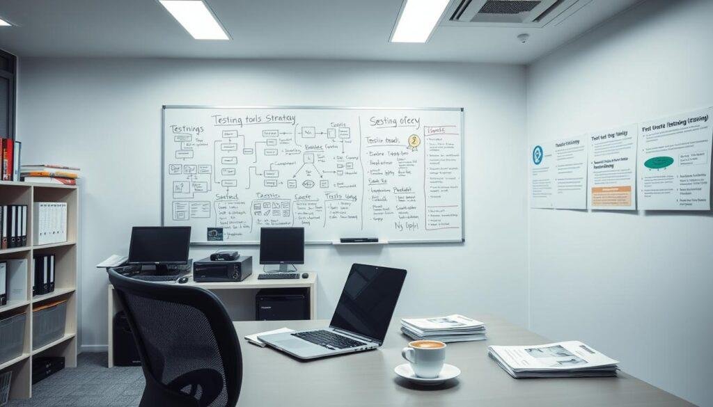 A sleek and modern office space, with a large whiteboard adorned with diagrams, flowcharts, and notes, representing the "testing tools strategy" for Informic Electronics. In the foreground, an ergonomic desk with a laptop, a cup of coffee, and a stack of technical manuals. The lighting is bright and even, creating a professional and focused atmosphere. In the background, shelves filled with reference books, testing equipment, and a wall-mounted display showcasing various test case scenarios. The overall scene conveys a sense of a well-organized and methodical approach to product testing and quality assurance.