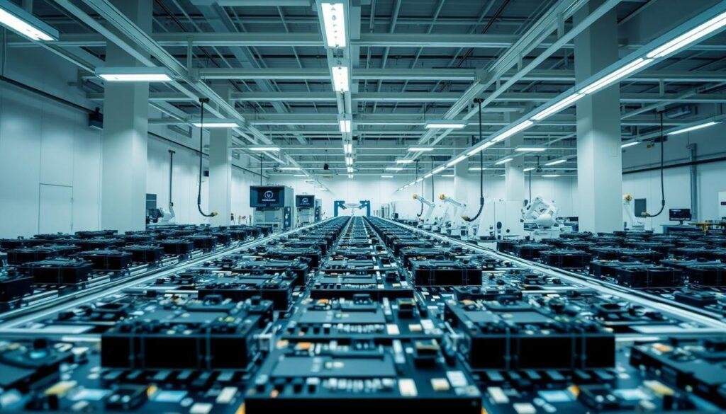 A sleek, high-tech assembly line in a state-of-the-art electronics manufacturing facility operated by Informic Electronics. In the foreground, rows of automated optical inspection (AOI) systems methodically scan printed circuit board assemblies (PCBAs), using advanced computer vision and machine learning algorithms to detect even the smallest defects with precision. The middle ground features robotic arms precisely placing components, while the background showcases clean, well-lit workstations and modern, minimalist architecture. The overall scene conveys a sense of efficiency, quality control, and technological prowess in the production of world-class electronic products.