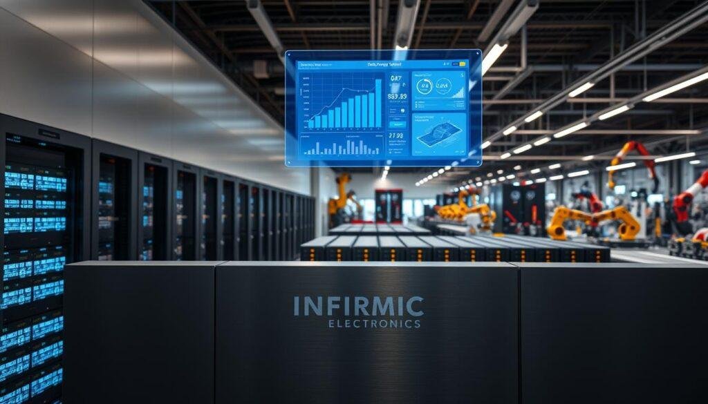 A sleek, modern data management system for the electronics industry, showcasing the Informic Electronics brand. In the foreground, a holographic display presents real-time analytics and inventory data, floating above a minimalist, brushed metal control panel. In the middle ground, rows of servers and data storage units are neatly arranged, bathed in cool blue lighting. The background features a panoramic view of a bustling electronics manufacturing facility, with robotic arms and conveyor belts in the distance. The overall scene conveys a sense of efficiency, precision, and technological sophistication.