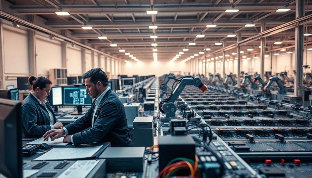 A sleek, modern electronics design and manufacturing facility operated by Informic Electronics. In the foreground, a team of engineers pore over circuit schematics and CAD models, their faces illuminated by the glow of computer screens. The middle ground features rows of automated assembly lines, robotic arms precisely placing components on circuit boards. The background showcases a vast, high-ceilinged production floor, bathed in the warm glow of overhead lighting and filled with the subtle hum of machinery. The overall atmosphere conveys a sense of technological sophistication, efficiency, and innovation.