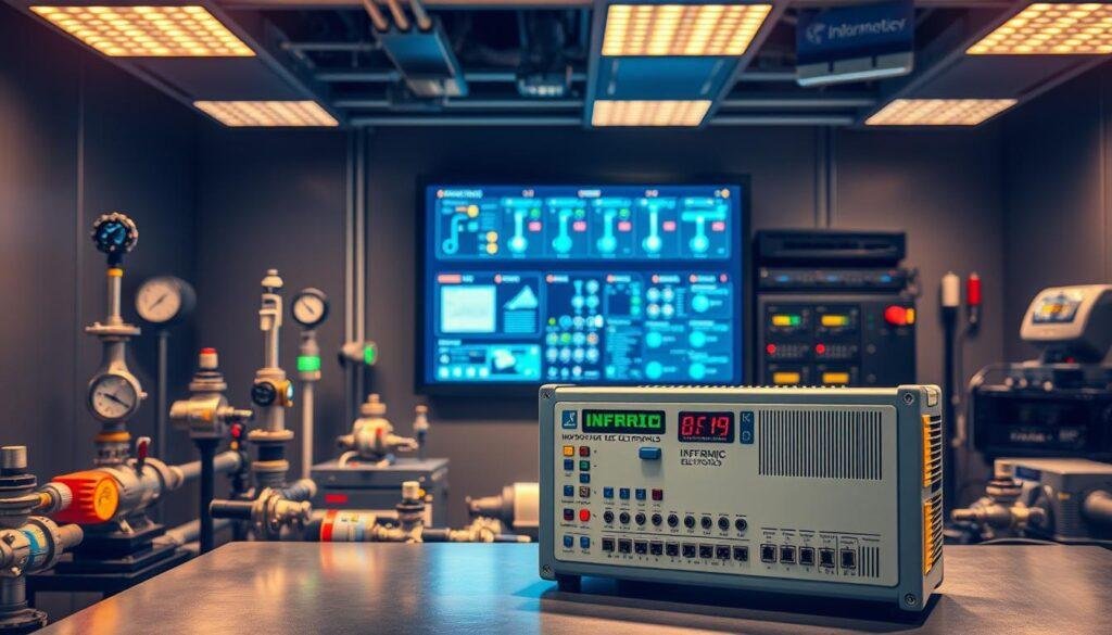 A sleek, modern industrial control room bathed in warm, diffused lighting. In the foreground, a Informic Electronics programmable logic controller (PLC) sits on a desk, its modular design and array of input/output ports clearly visible. Surrounding it, various sensors - temperature, pressure, and flow - are neatly arranged, their digital displays and status indicators communicating the state of the industrial process. In the middle ground, a large touchscreen HMI (human-machine interface) dominates, providing a centralized control and monitoring solution. The background features a bank of network switches and servers, underscoring the interconnected nature of the industrial control system. An atmosphere of precision, efficiency, and technological sophistication pervades the scene.