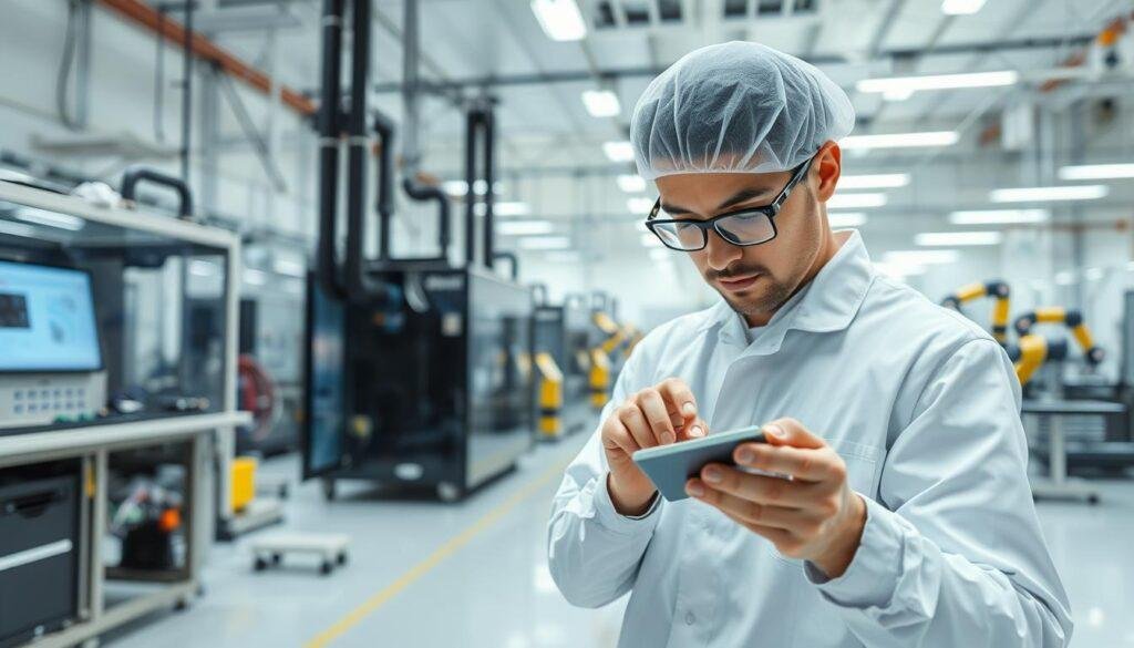 A sleek, modern manufacturing facility for Informic Electronics IoT devices. In the foreground, a worker in a clean room attentively inspects a circuit board under bright, diffused lighting. Behind them, automated test equipment meticulously checks device performance. In the background, robotic assembly lines methodically construct the intricate smart home components. The overall atmosphere conveys a sense of precision, efficiency, and quality control - reflecting the rigorous standards essential for producing reliable, high-performance IoT products.